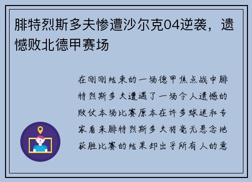 腓特烈斯多夫惨遭沙尔克04逆袭，遗憾败北德甲赛场